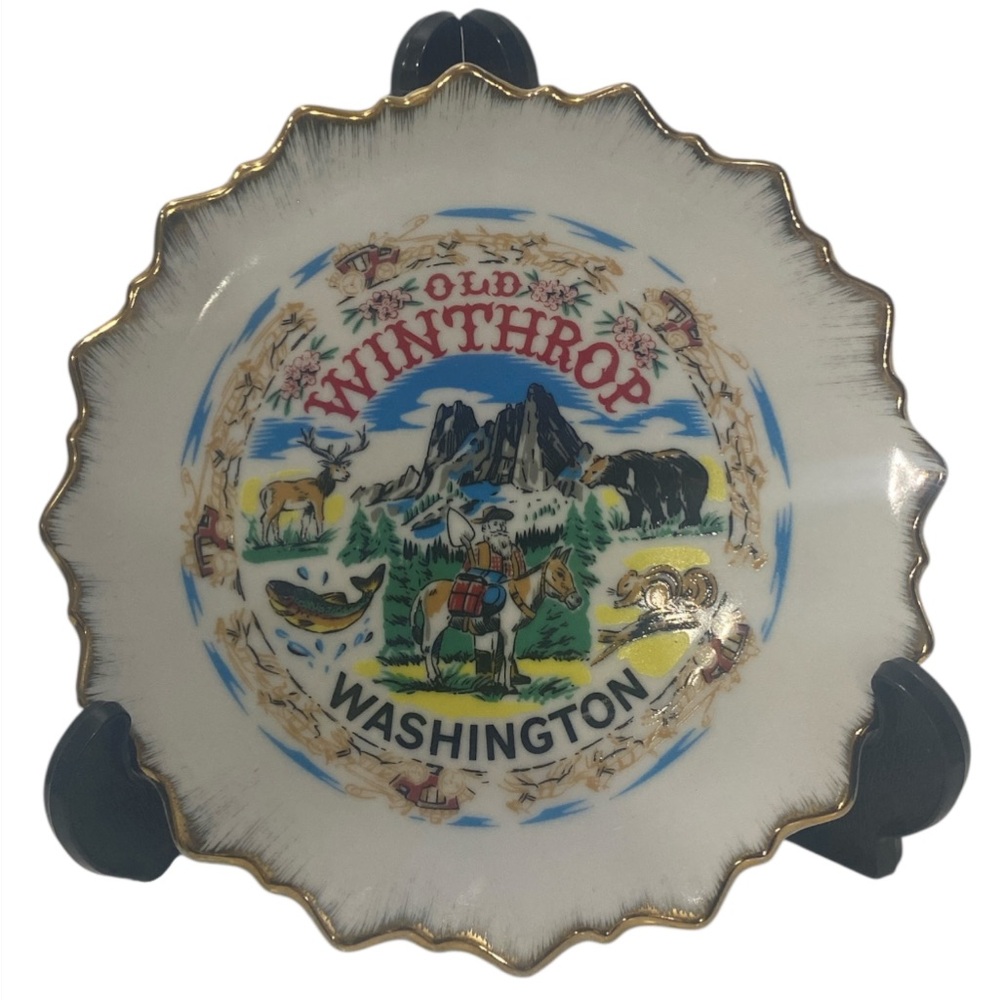 Vintage Old Winthrop Washington Decorative Plate, Gold Trim Scalloped Edge